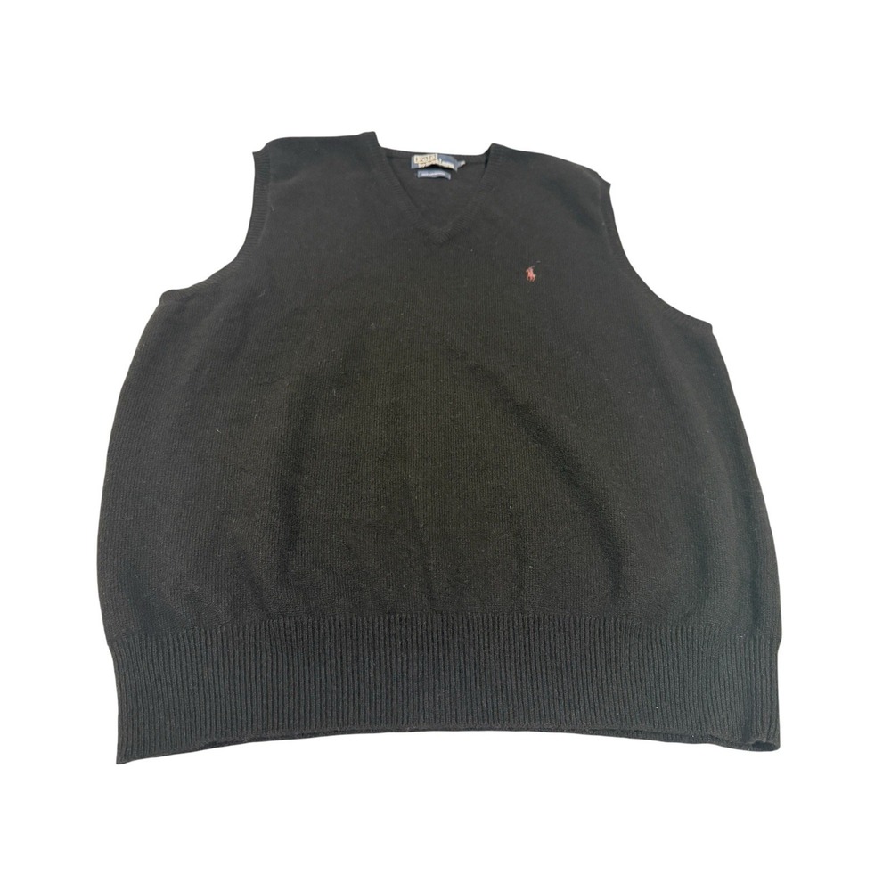 Polo Ralph Lauren Black 100% Lambswool V-Neck Sweater Vest Mens XL Logo